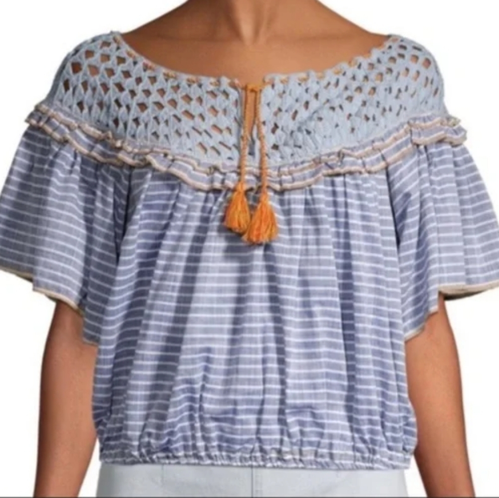 Free People Allora Top Blouse Blue Peasant Cropped Crochet Striped Sz M Boho